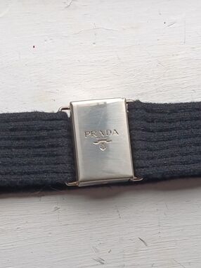 Prada Black Elastic Belt with Silver-Tone Logo Buckle
